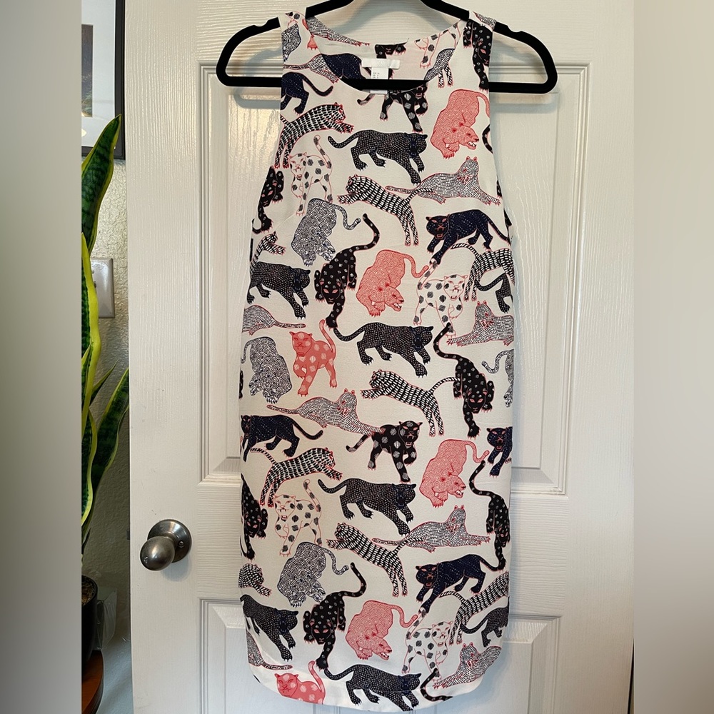 H&M sheath dress size 6 navy and pink power cat print NWOT